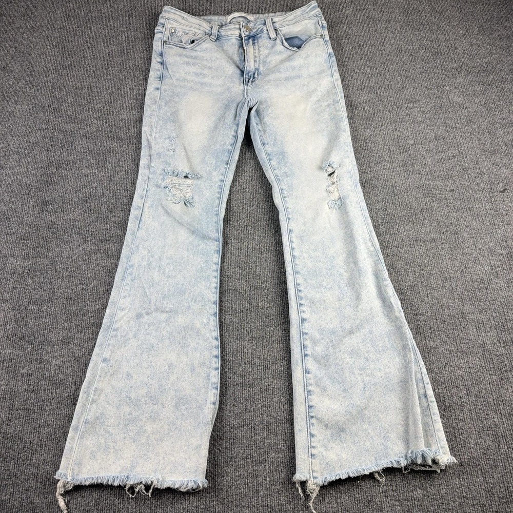 Altar'd State Jeans Juniors 11/30 Blue Acid Wash Flare Distressed Raw Hem Denim